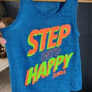 Zumba Step Into Happy size Spicy Small longer in back blue shirt